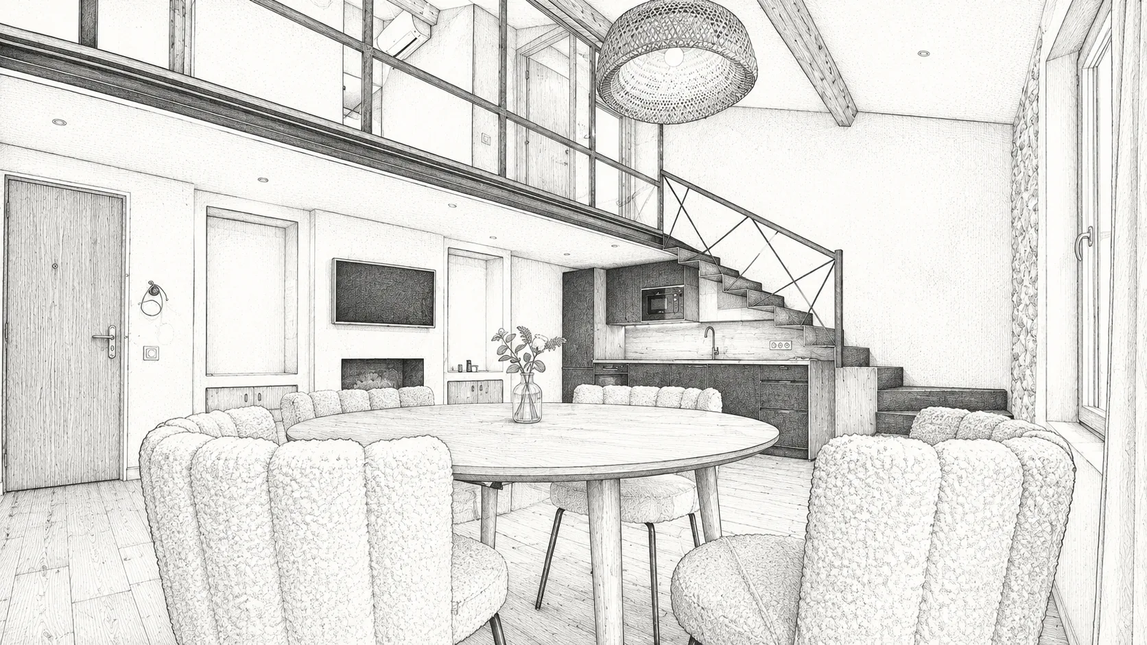 Renovated duplex in Old Antibes, double-height living room with mezzanine and beams